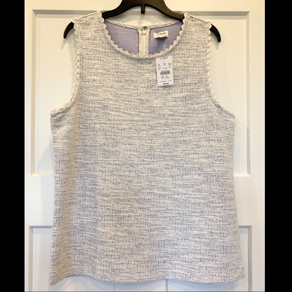 NWT J.Crew Ivory/Blue Textured Tank w/ ScallopTrim
